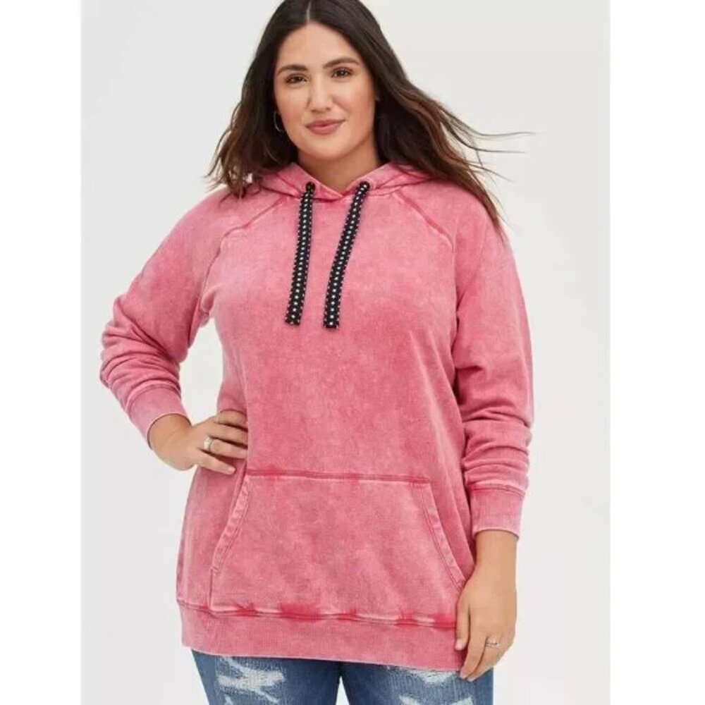 Torrid Plus Classic Fit Cozy Fleece Distressed Pink Drawstring Raglan Hoodie